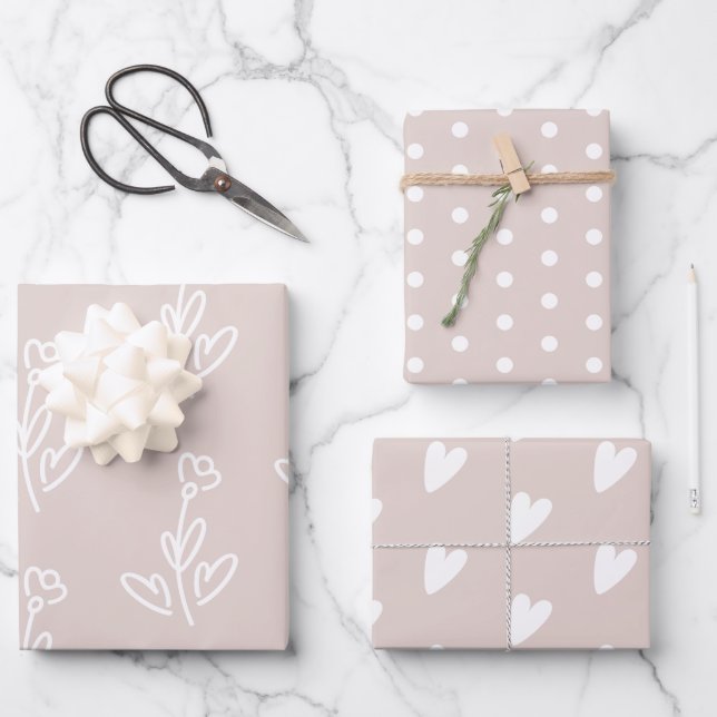 Pale Dusty Rose Flowers Hearts Polka Dots Wrapping Paper Sheets (Front)