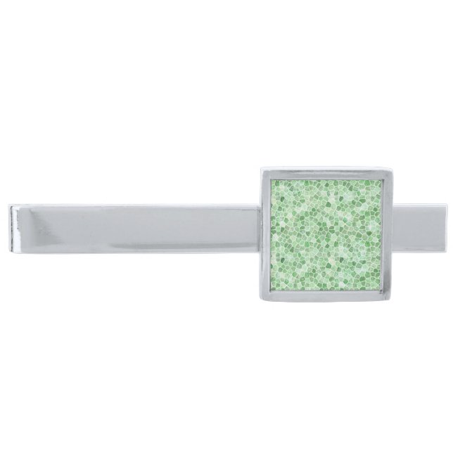 Pale Emerald and Pistachio Cobbled Patchwork Silver Finish Tie Bar (Front)
