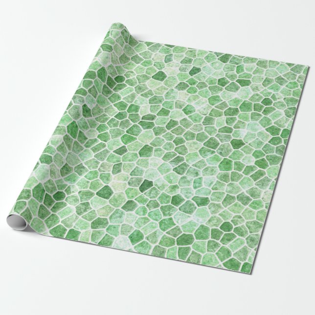 Pale Emerald and Pistachio Cobbled Patchwork Wrapping Paper (Unrolled)