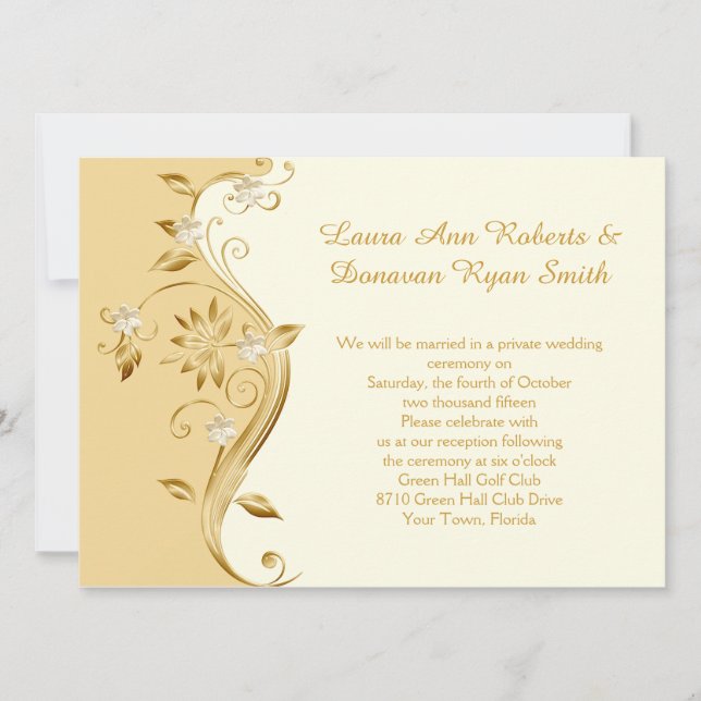 Pale Gold and Ornate Gold Flowers Reception Only Invitation (Front)