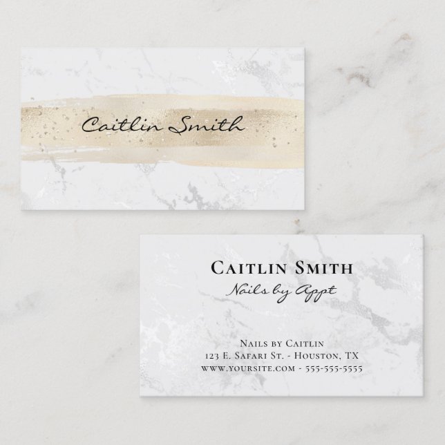 Pale Gold Brush Stroke Silver White Foil Marble Business Card (Front/Back)
