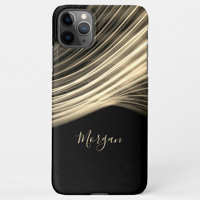 Pale Gold Curved Light Rays, Gold Script Name iPhone Case (Back)