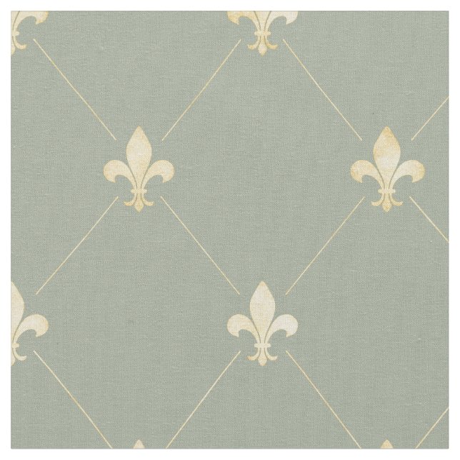 Pale Gold Fleur-de-Lis (medium scale) Sage Green Fabric (Close Up)