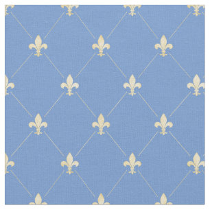 Pale Gold Fleur-de-Lis (small scale) Blue Fabric