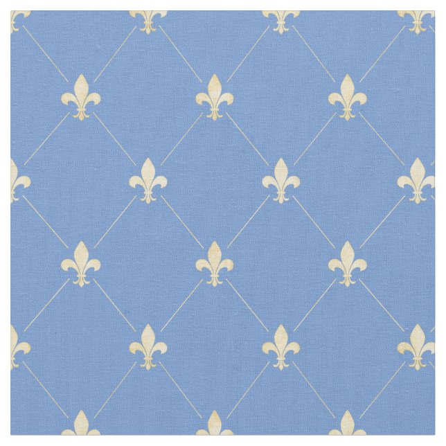 Pale Gold Fleur-de-Lis (small scale) Blue Fabric (Close Up)