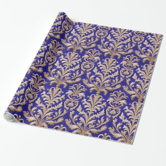 Pale Gold Floral Damask Regal Blue Velvet