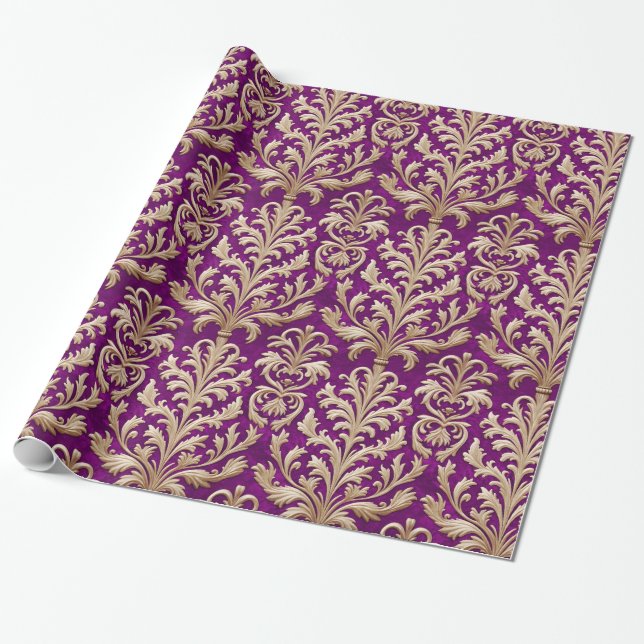 Pale Gold Floral Damask Royal Pink Velvet Wrapping Paper (Unrolled)
