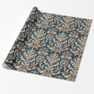 Pale Gold Floral Damask Teal Blue Velvet