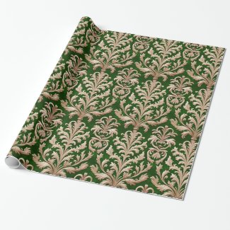 Pale Gold Floral Damask Warm Green Velvet
