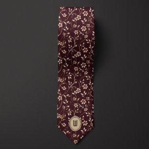 Pale Gold Flowers on Chocolate Burgundy Monogram Neck Tie