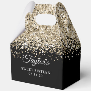 Pale Gold Glitter Black Glam Sweet Sixteen Favor Boxes