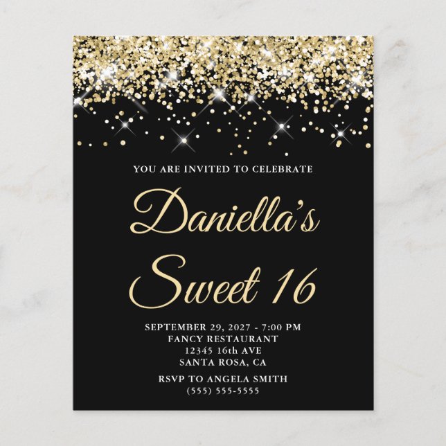Pale Gold Glitter Black Sweet 16 Budget Invitation (Front)