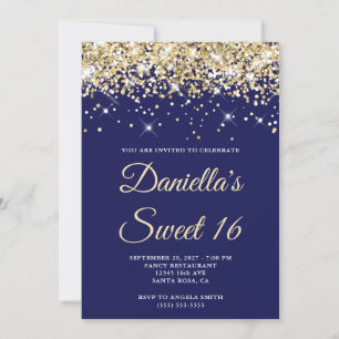 Pale Gold Glitter Navy Sweet 16 Invitation