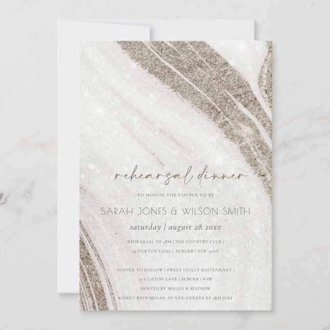 Pale Gold Marble Agate Rehearsal Dinner Invite (Front)