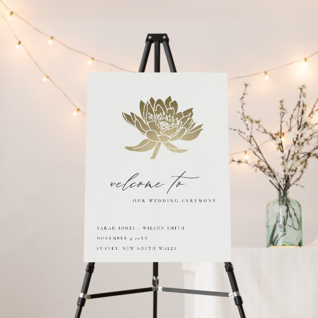 Pale Gold White Lotus Floral Wedding Welcome Foam Board (In Situ (Stand))