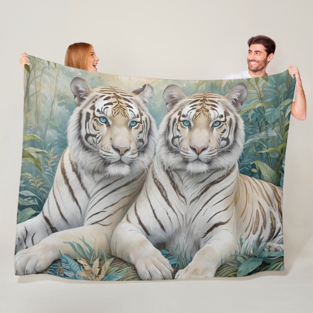 Pale Golden Tigers in a Blue Green Jungle Fleece Blanket (In Situ)