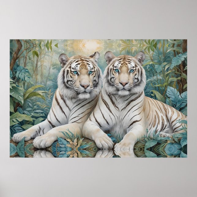 Pale Golden Tigers in a Blue Green Jungle Poster (Front)
