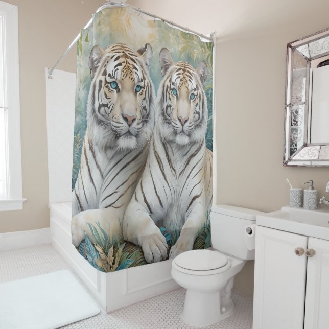 Pale Golden Tigers in a Blue Green Jungle Shower Curtain (In Situ)