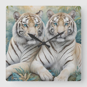 Pale Golden Tigers in a Blue Green Jungle Square Wall Clock