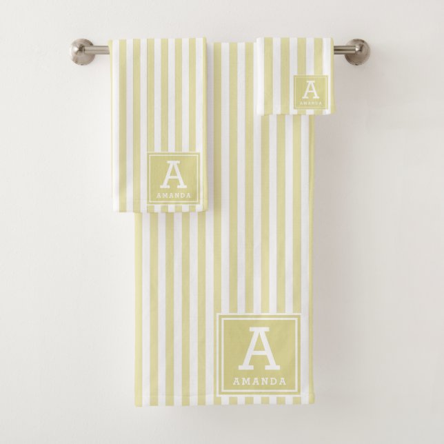 Pale Goldenrod Cabana Stripes Monogrammed Initial Bath Towel Set (Insitu)