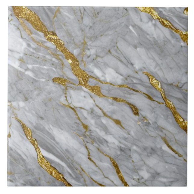 Pale Gray Marble Effect with Golden Bands Ceramic Tile (Front)