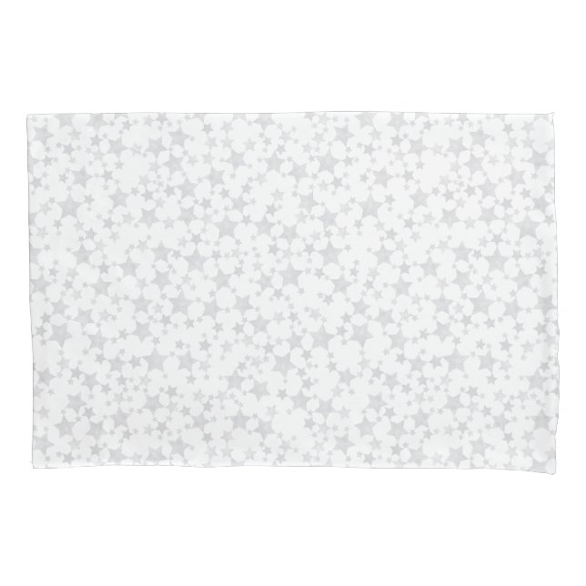 Pale Gray on White | Lino Print Stars Pattern Pillow Case (Front-Left)