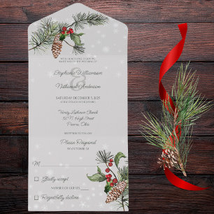 Pale Gray Pine & Holly in Snow All In One Invitation