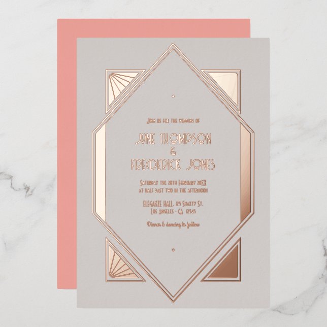 Pale Gray & Rose Gold Gatsby Art Deco Wedding Foil Invitation (Front/Back)