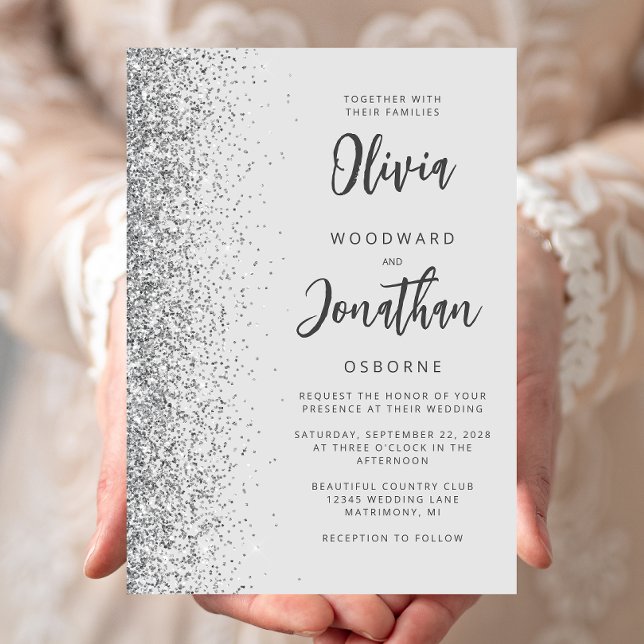 Pale Gray Silver Glitter Calligraphy Wedding Invitation (Creator Uploaded)