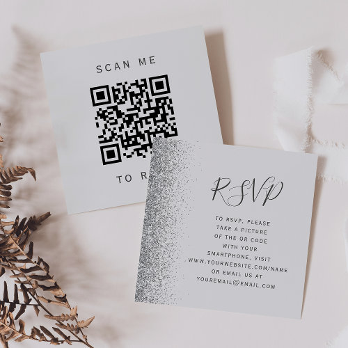Pale Gray Silver Glitter Wedding QR Code RSVP Enclosure Card