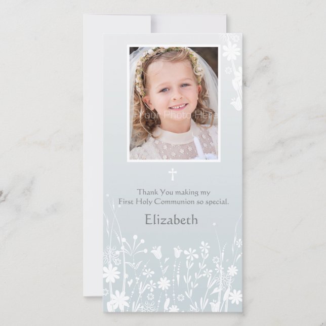 Pale Gray, White Flowers, Religious Photo Card (Front)