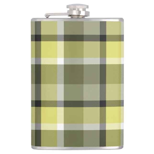 Pale Gray, Yellow, White Tartan Plaid Pattern  Flask (Front)