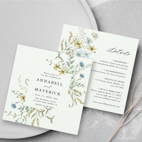 Pale Green All In One Delicate Wildflower Wedding Invitation
