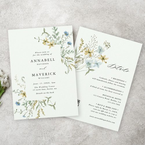 Pale Green All In One Delicate Wildflower Wedding Invitation