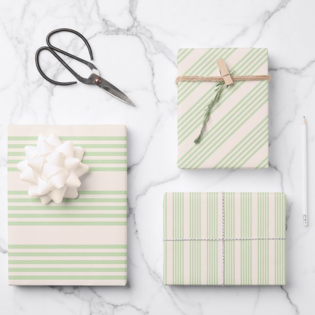 Pale green and beige five stripes pattern wrapping paper sheets (Front)