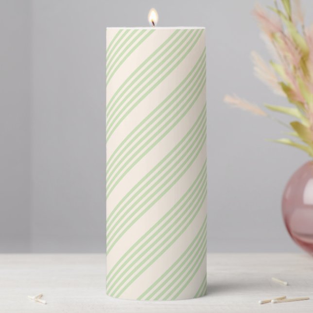 Pale green and beige stripes pattern pillar candle (In Situ)