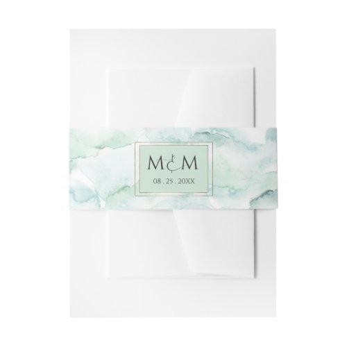 Pale Green  and Blue Watercolor Wedding Initials Invitation Belly Band