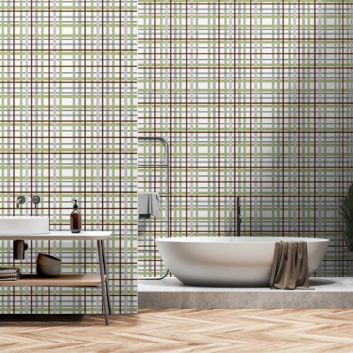 Pale Green and Brown Plaid on White Wallpaper