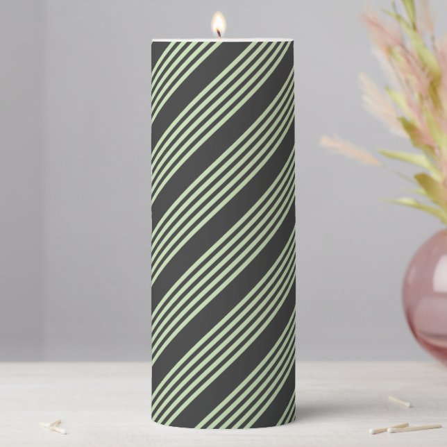 Pale green and charcoal five stripes pattern pillar candle (In Situ)