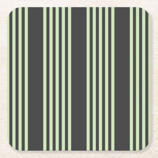 Pale green and charcoal five stripes pattern square paper coaster (Front)
