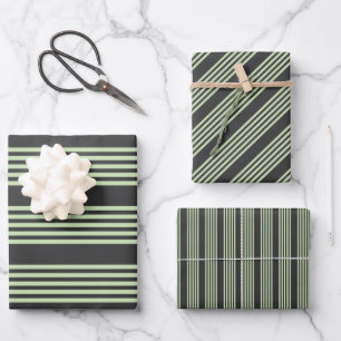 Pale green and charcoal five stripes pattern wrapping paper sheets