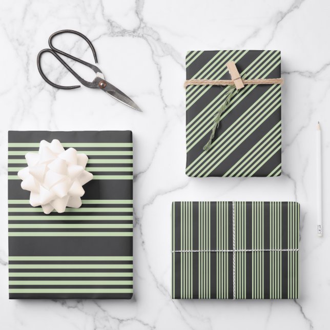 Pale green and charcoal five stripes pattern wrapping paper sheets (Front)