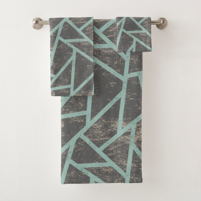 Pale green and grey mosaic pattern bath towel set (Insitu)