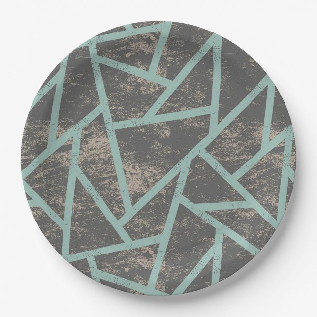 Pale green and grey mosaic pattern paper plates (Front)