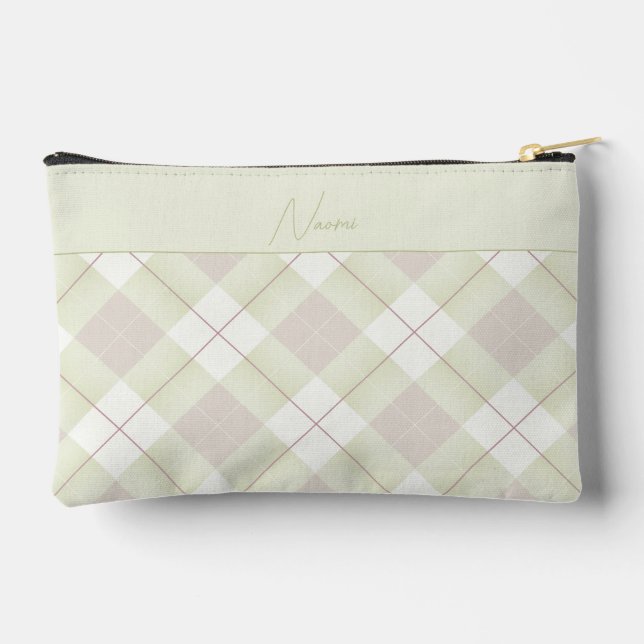 pale Green and Mauve Pink Plaid with Name Accessory Pouch (Back)