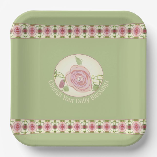 Pale Green and Pink Floral Accented Square Paper Plates (Front)