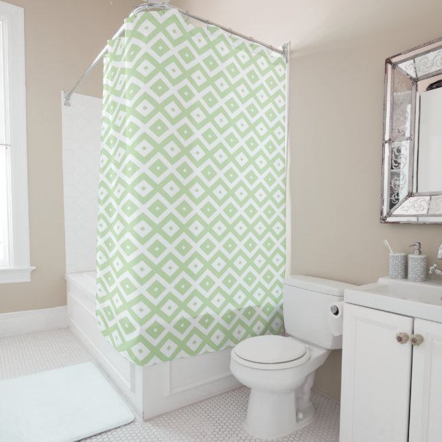 Pale green and white diamond pattern shower curtain (In Situ)