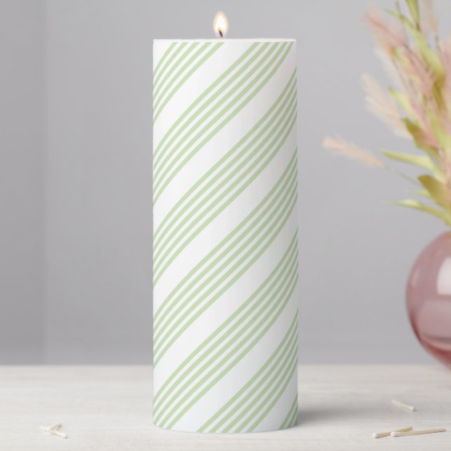 Pale green and white five stripes pattern pillar candle (In Situ)