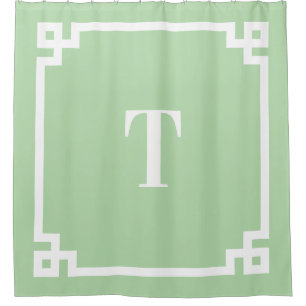 Pale Green and White Greek Key Simple Monogram Shower Curtain