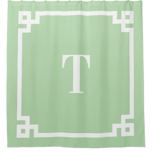 Pale Green and White Greek Key Simple Monogram Shower Curtain (Front)